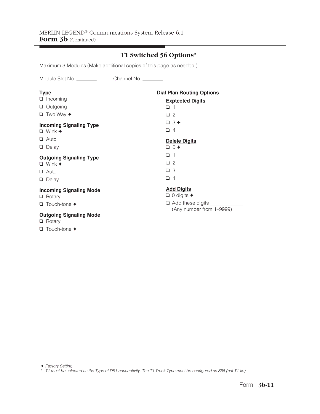 Lucent Technologies 6.1 manual T1 Switched 56 Options, Form 3b-11 