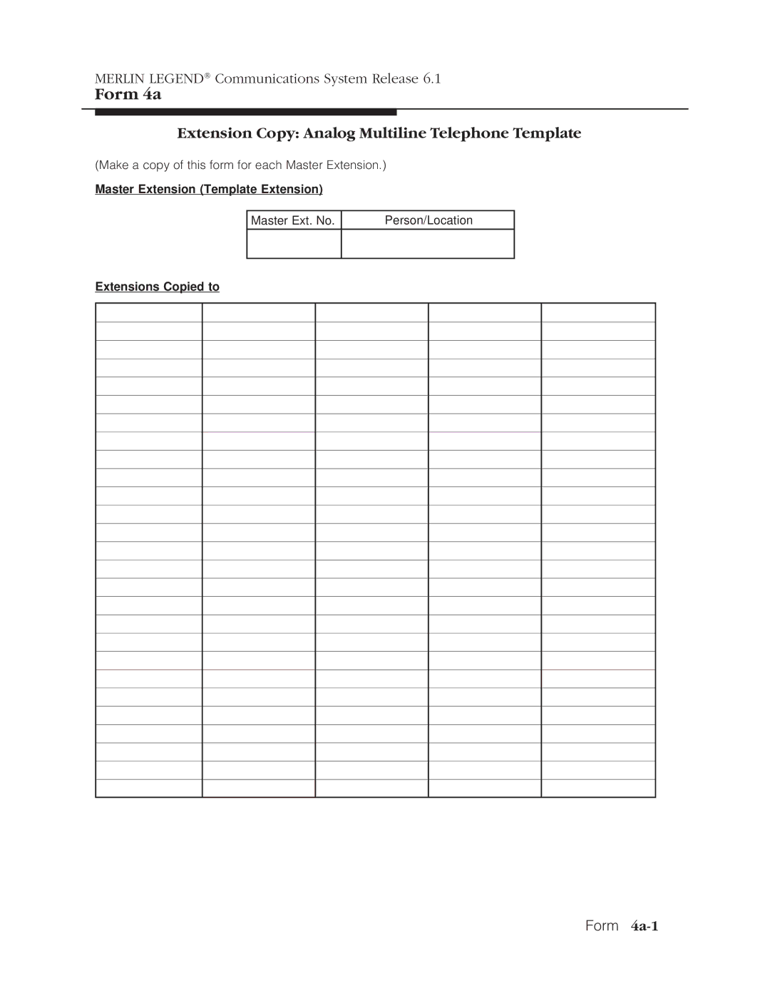 Lucent Technologies 6.1 manual Extension Copy Analog Multiline Telephone Template, Form 4a-1, Extensions Copied to 