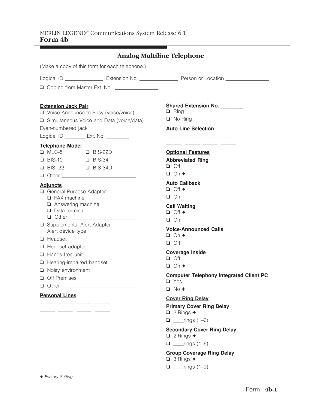 Lucent Technologies 6.1 manual Analog Multiline Telephone, Form 4b-1 