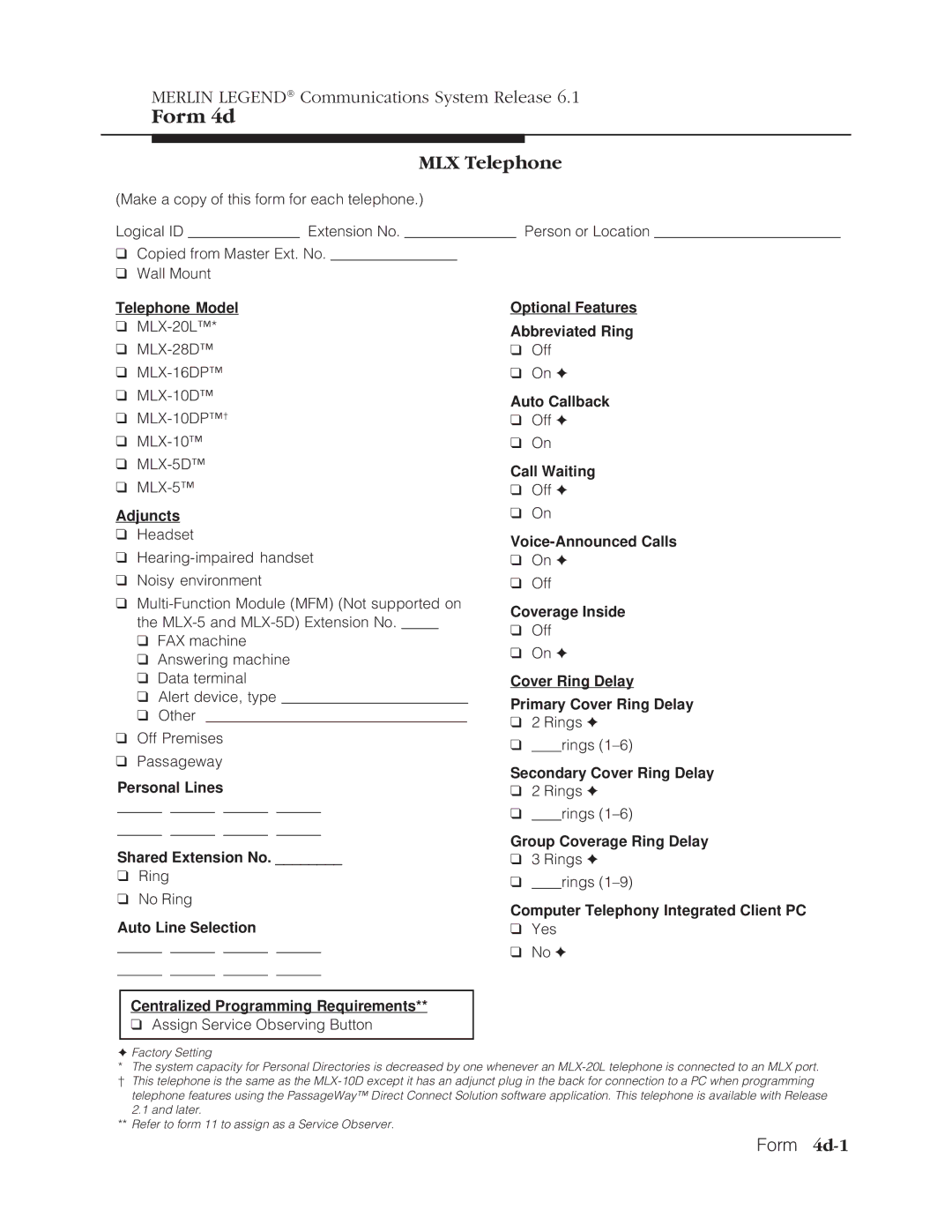 Lucent Technologies 6.1 manual MLX Telephone, Form 4d-1 