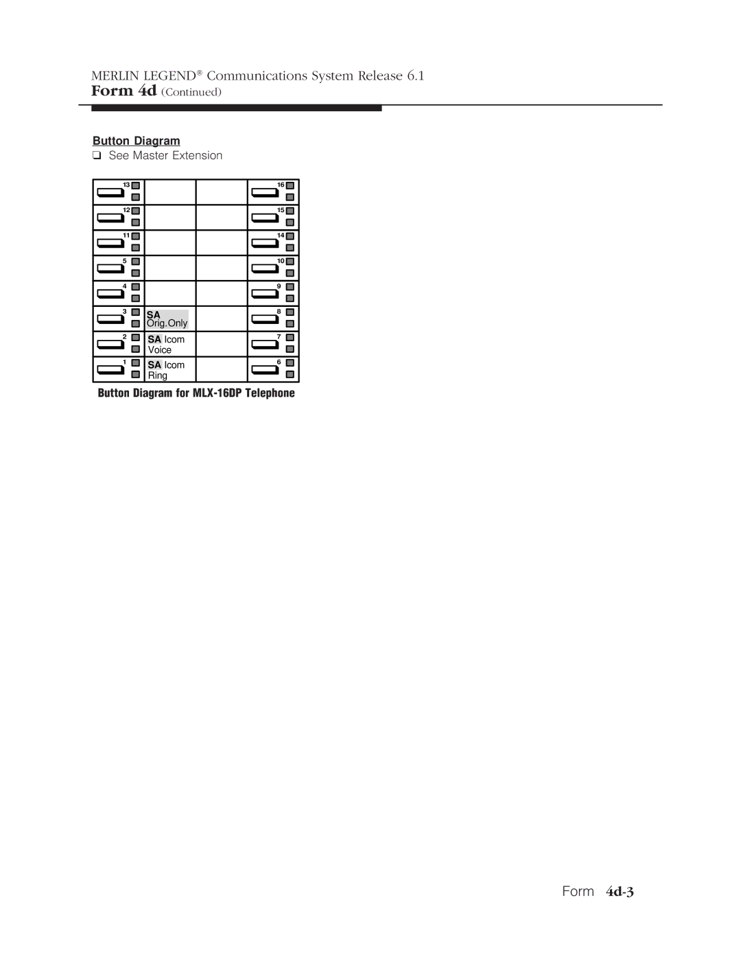 Lucent Technologies 6.1 manual Form 4d-3, Button Diagram for MLX-16DP Telephone 