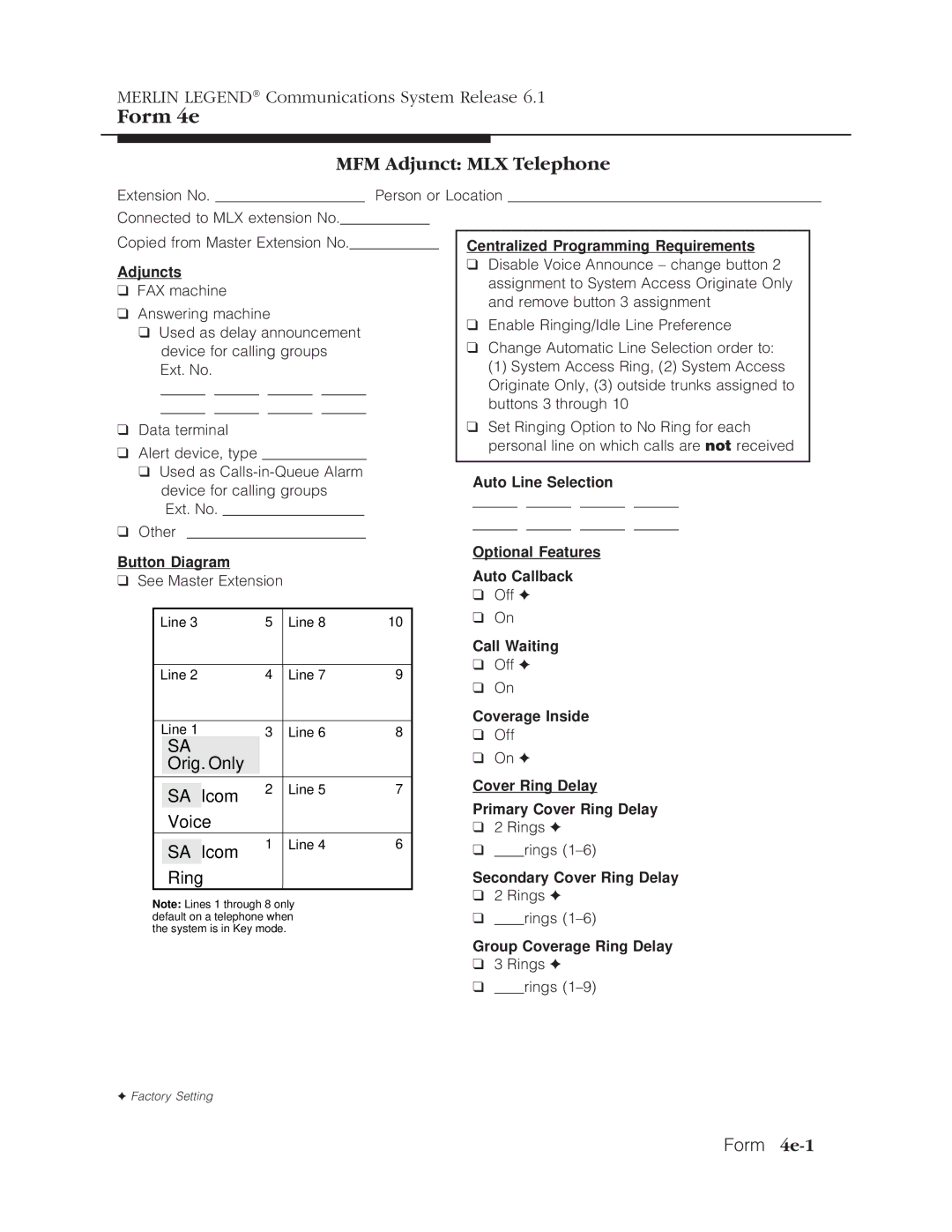 Lucent Technologies 6.1 manual Form 4e, MFM Adjunct MLX Telephone 