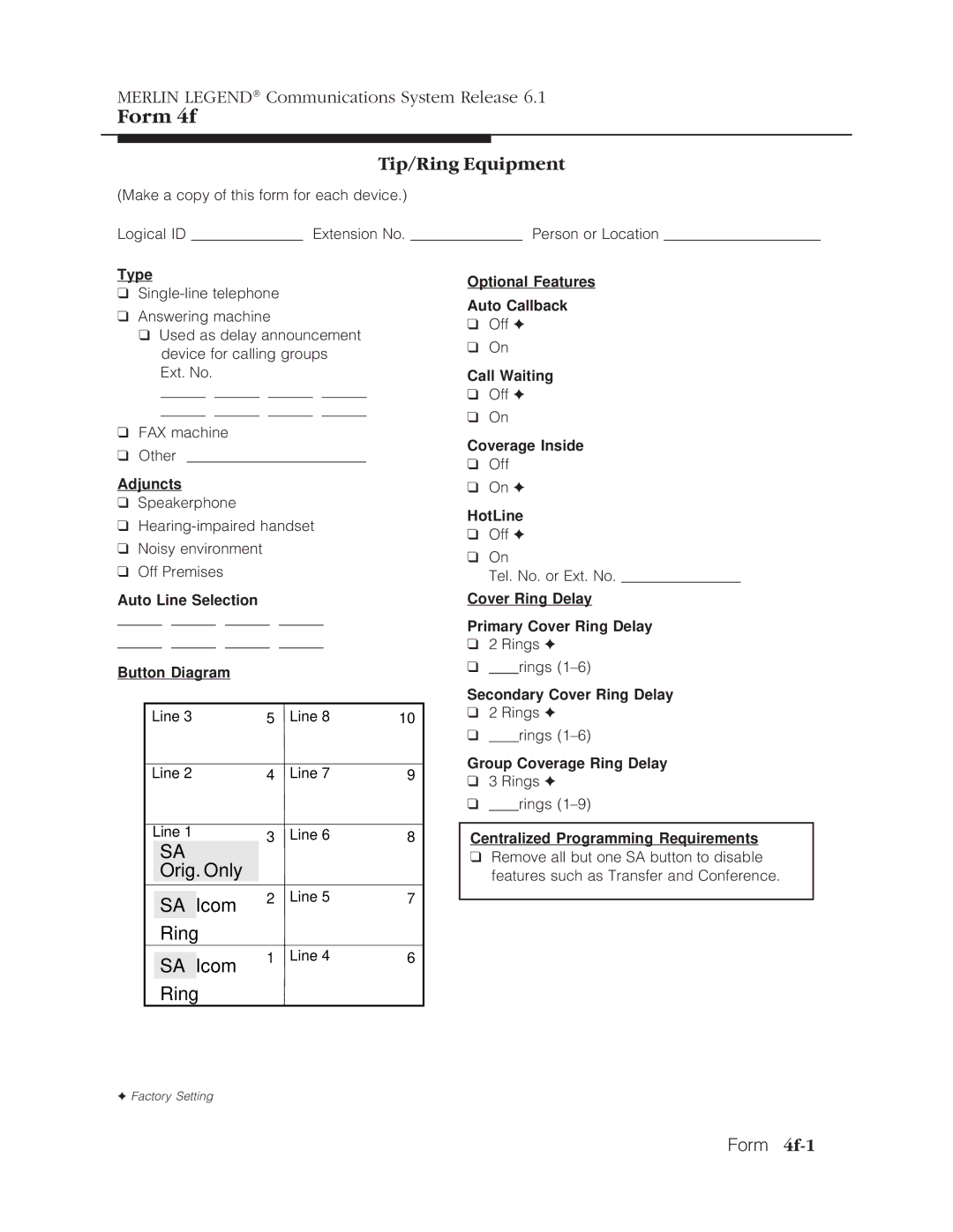 Lucent Technologies 6.1 manual Tip/Ring Equipment, Form 4f-1, Optional Features Auto Callback, HotLine 