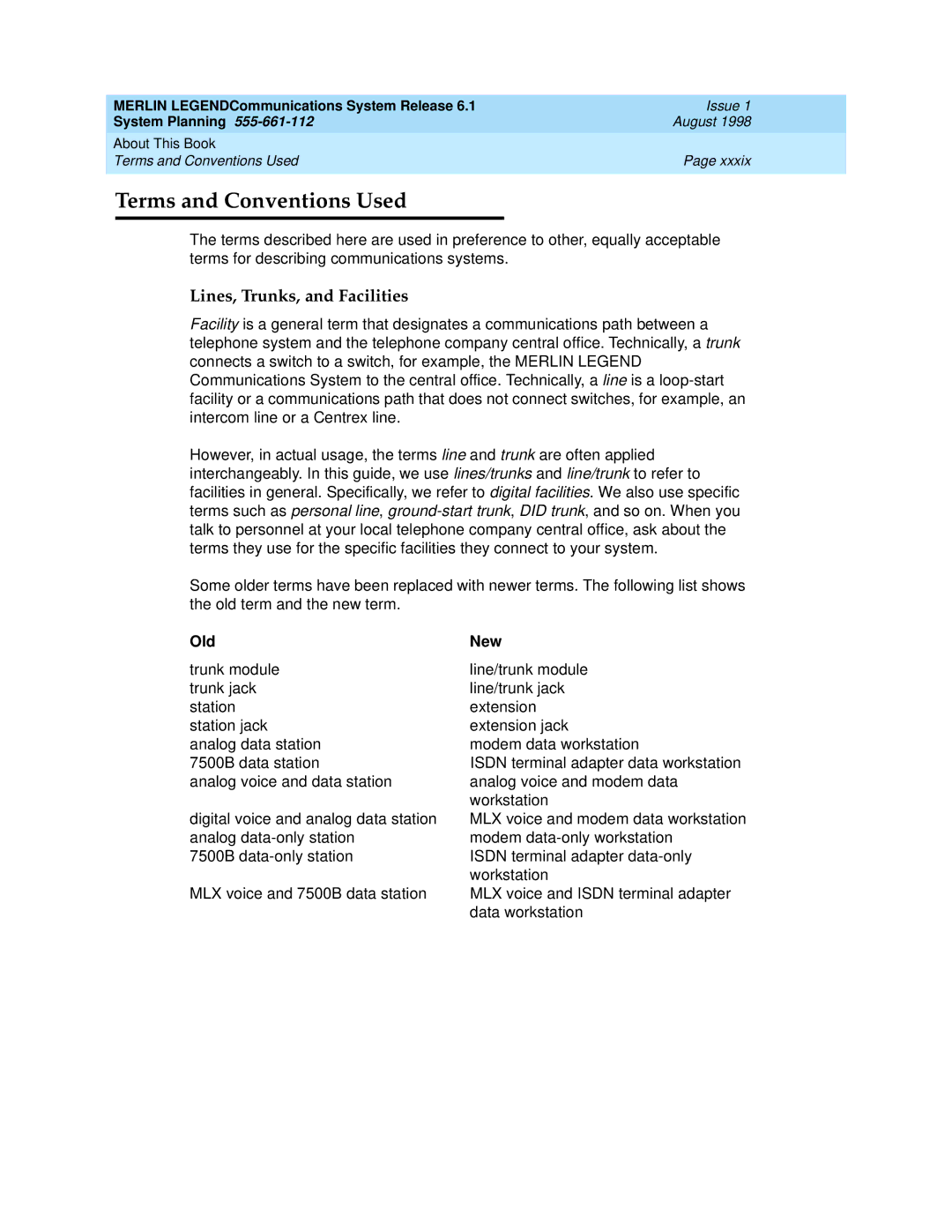 Lucent Technologies 6.1 manual Terms and Conventions Used, Lines, Trunks, and Facilities, Old New 