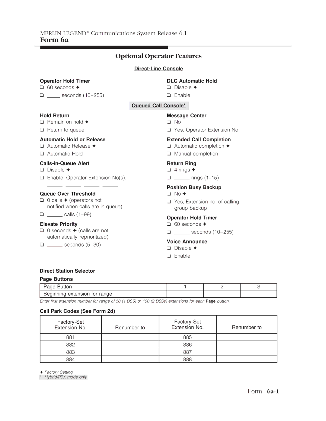 Lucent Technologies 6.1 manual Optional Operator Features, Form 6a-1 