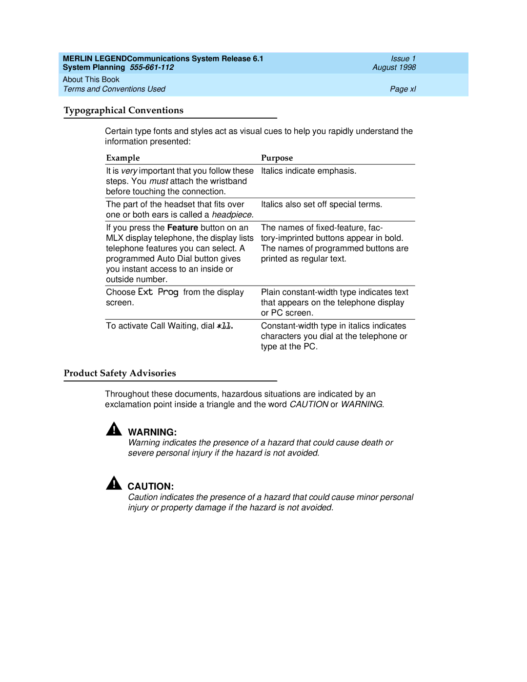 Lucent Technologies 6.1 manual Typographical Conventions, Product Safety Advisories, Example Purpose 