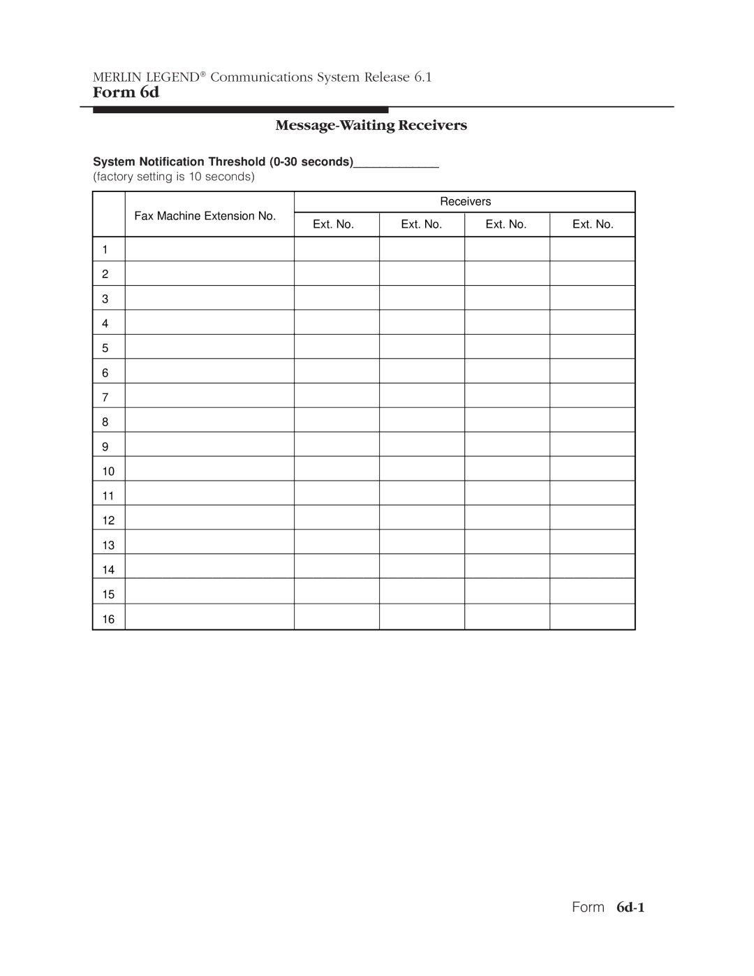 Lucent Technologies 6.1 manual Message-Waiting Receivers, Form 6d-1, System Notification Threshold 0-30 seconds 