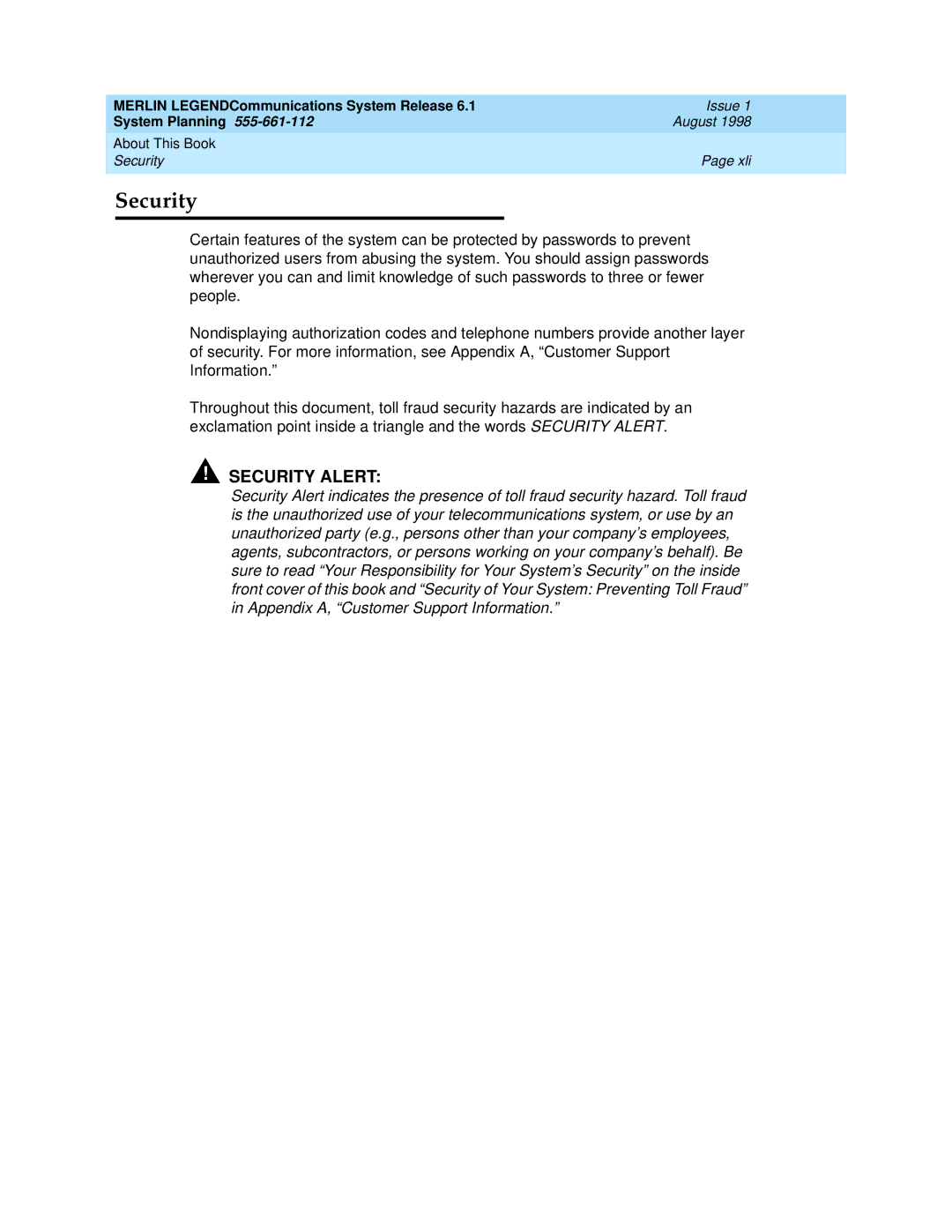 Lucent Technologies 6.1 manual Security 