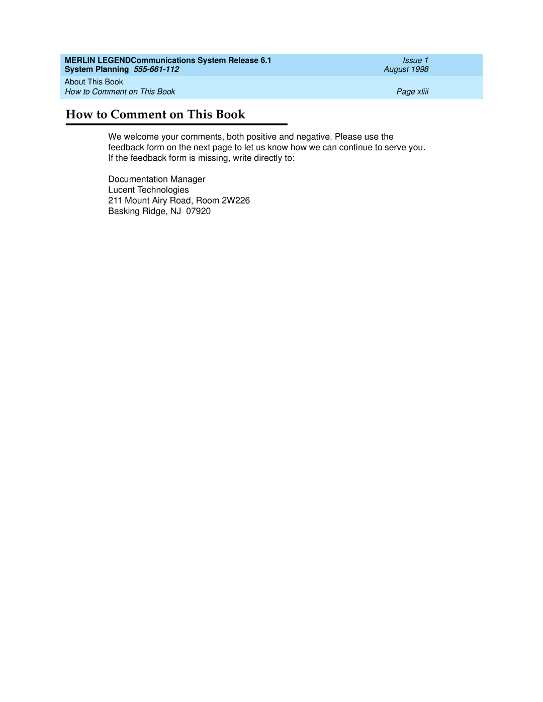 Lucent Technologies 6.1 manual How to Comment on This Book 