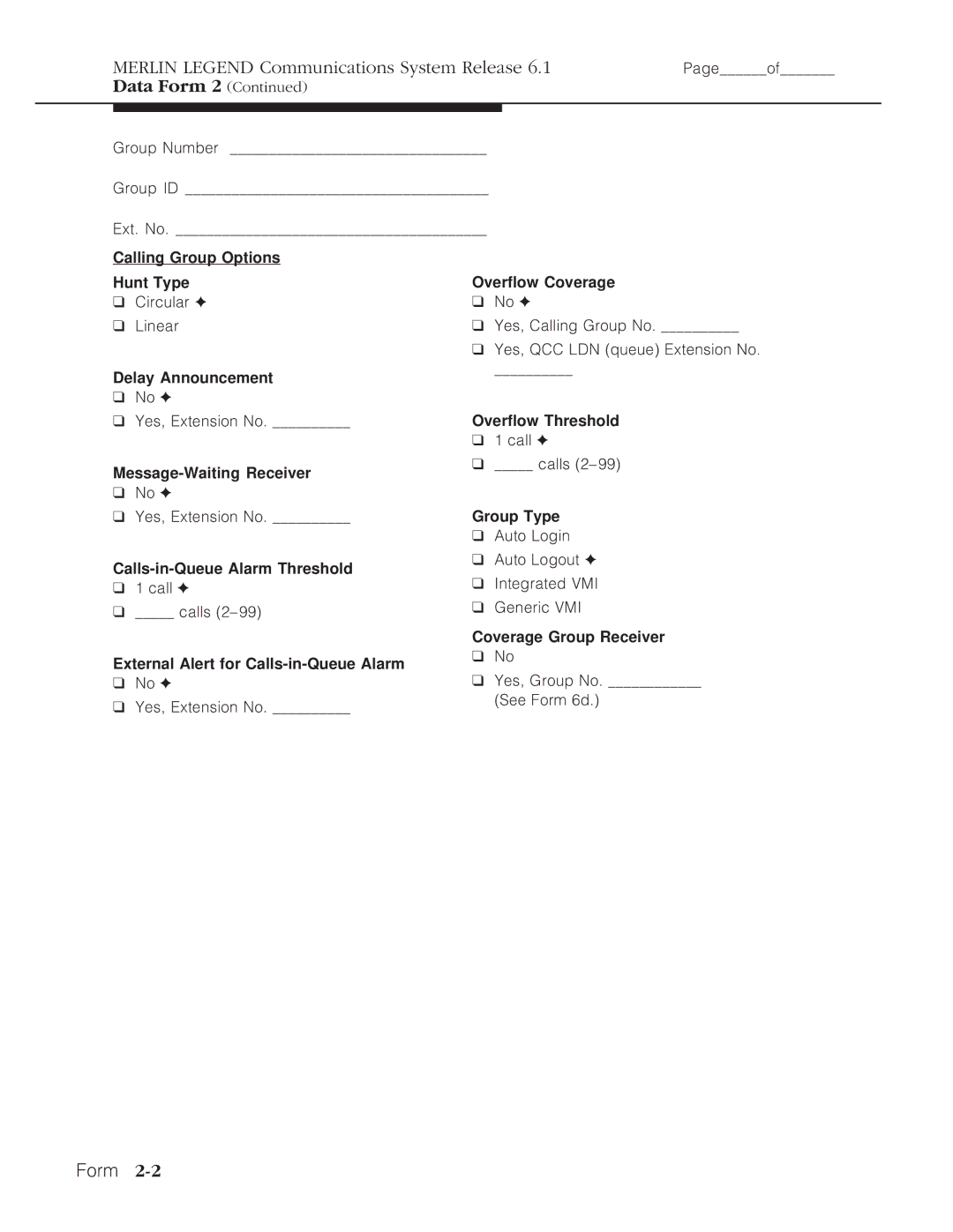 Lucent Technologies 6.1 Calling Group Options Hunt Type Overflow Coverage, Delay Announcement, Coverage Group Receiver 