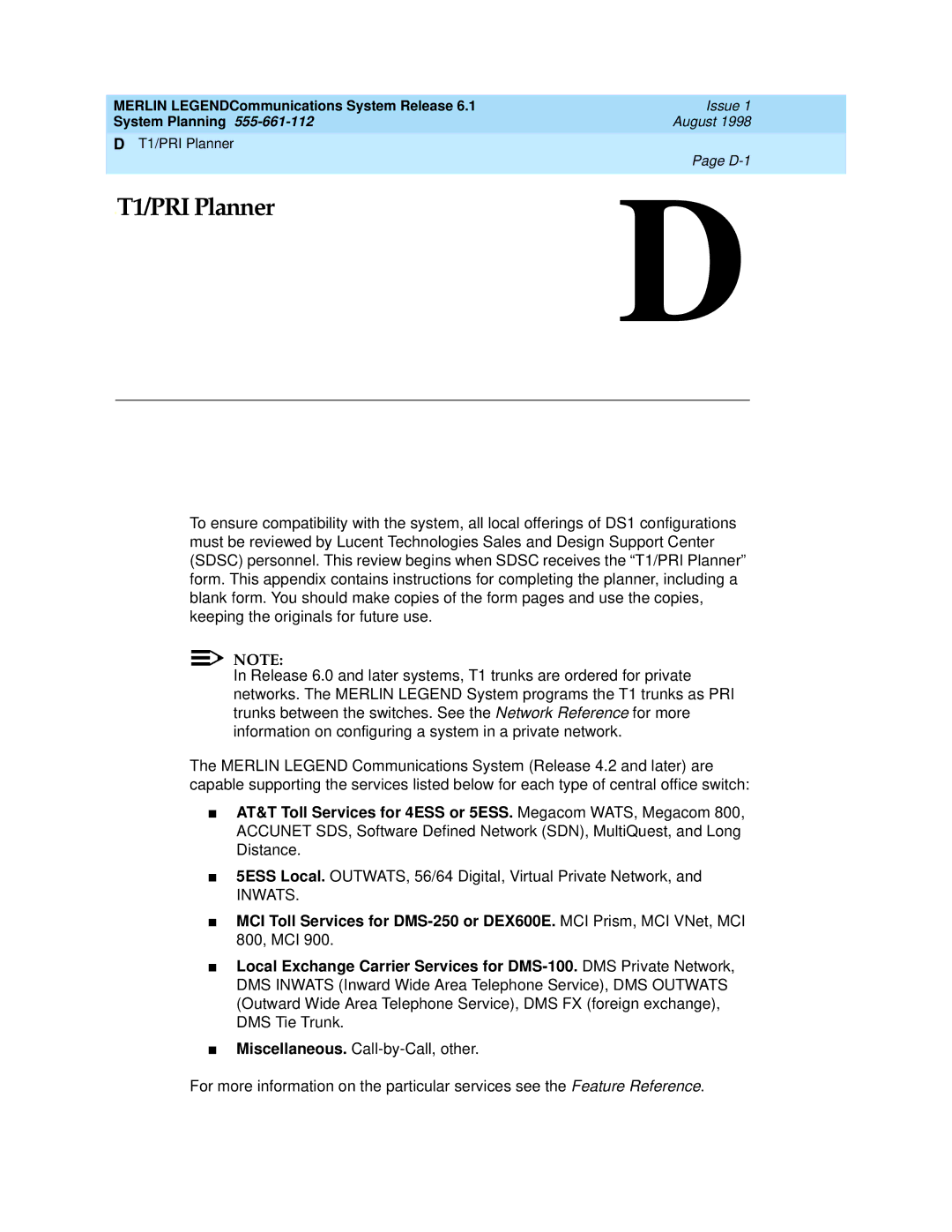 Lucent Technologies 6.1 manual T1/PRI Planner 