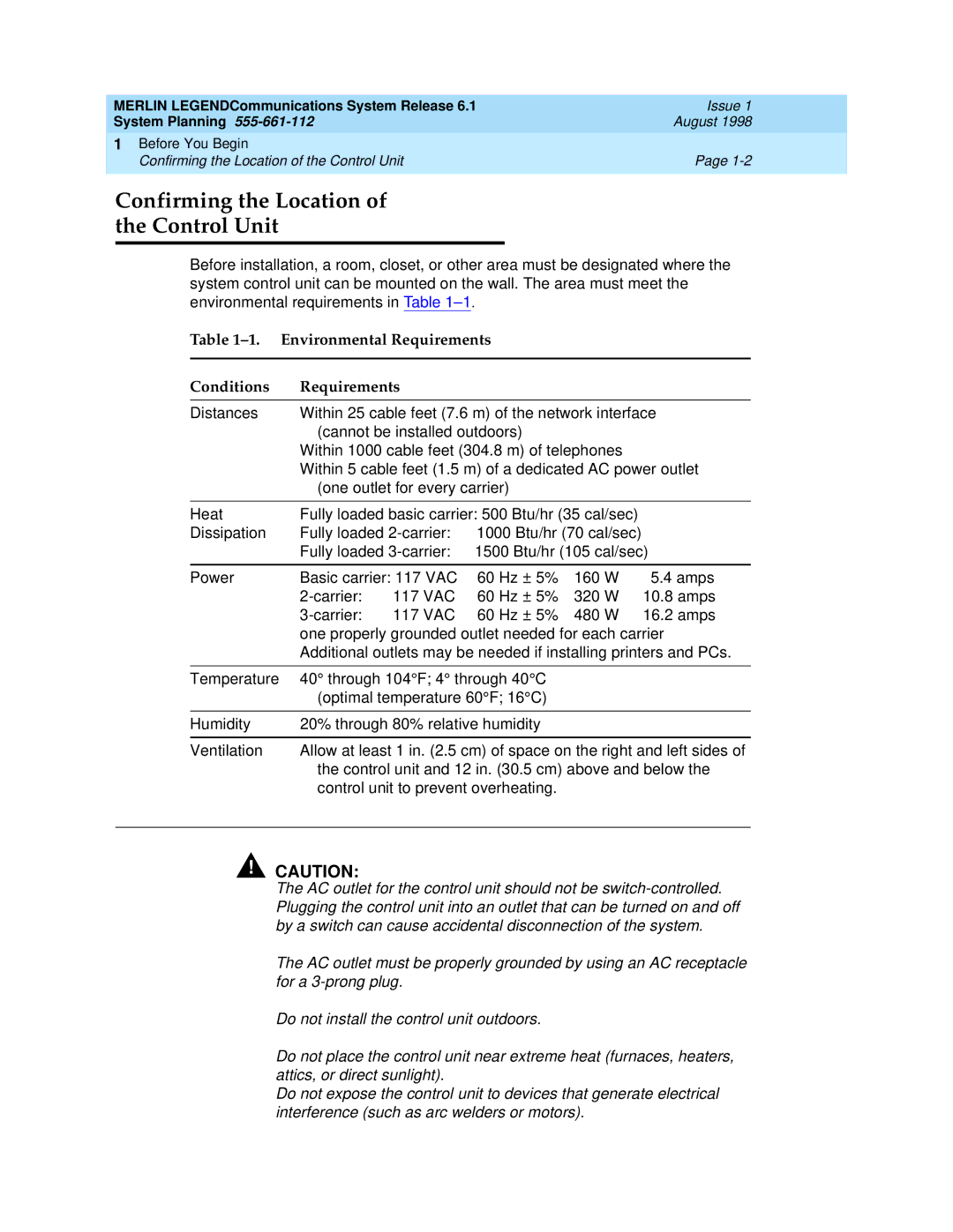 Lucent Technologies 6.1 manual Confirming the Location Control Unit, Environmental Requirements Conditions 