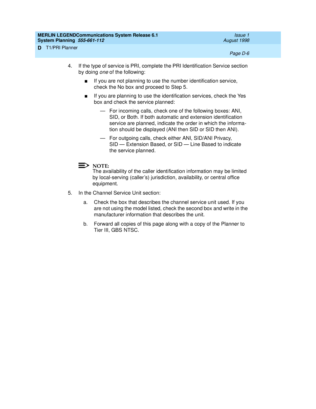 Lucent Technologies 6.1 manual T1/PRI Planner D-6 