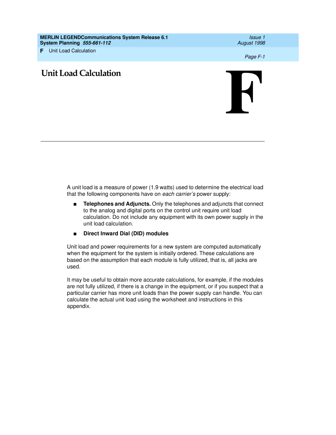 Lucent Technologies 6.1 manual Unit Load Calculation, Direct Inward Dial did modules 