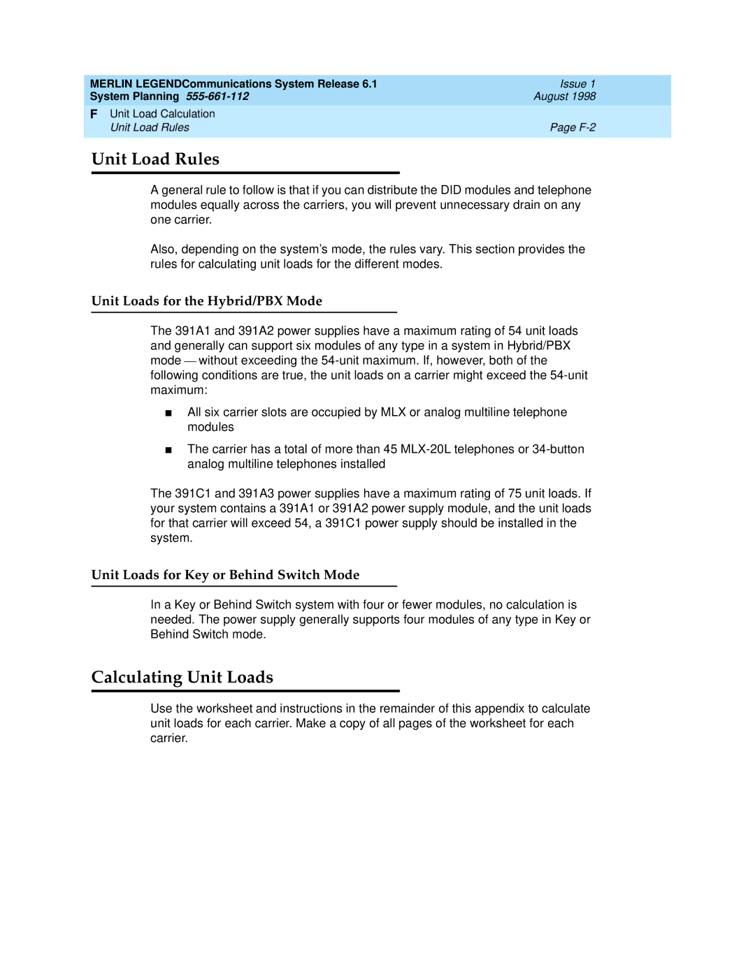 Lucent Technologies 6.1 Unit Load Rules, Unit Loads for the Hybrid/PBX Mode, Unit Loads for Key or Behind Switch Mode 