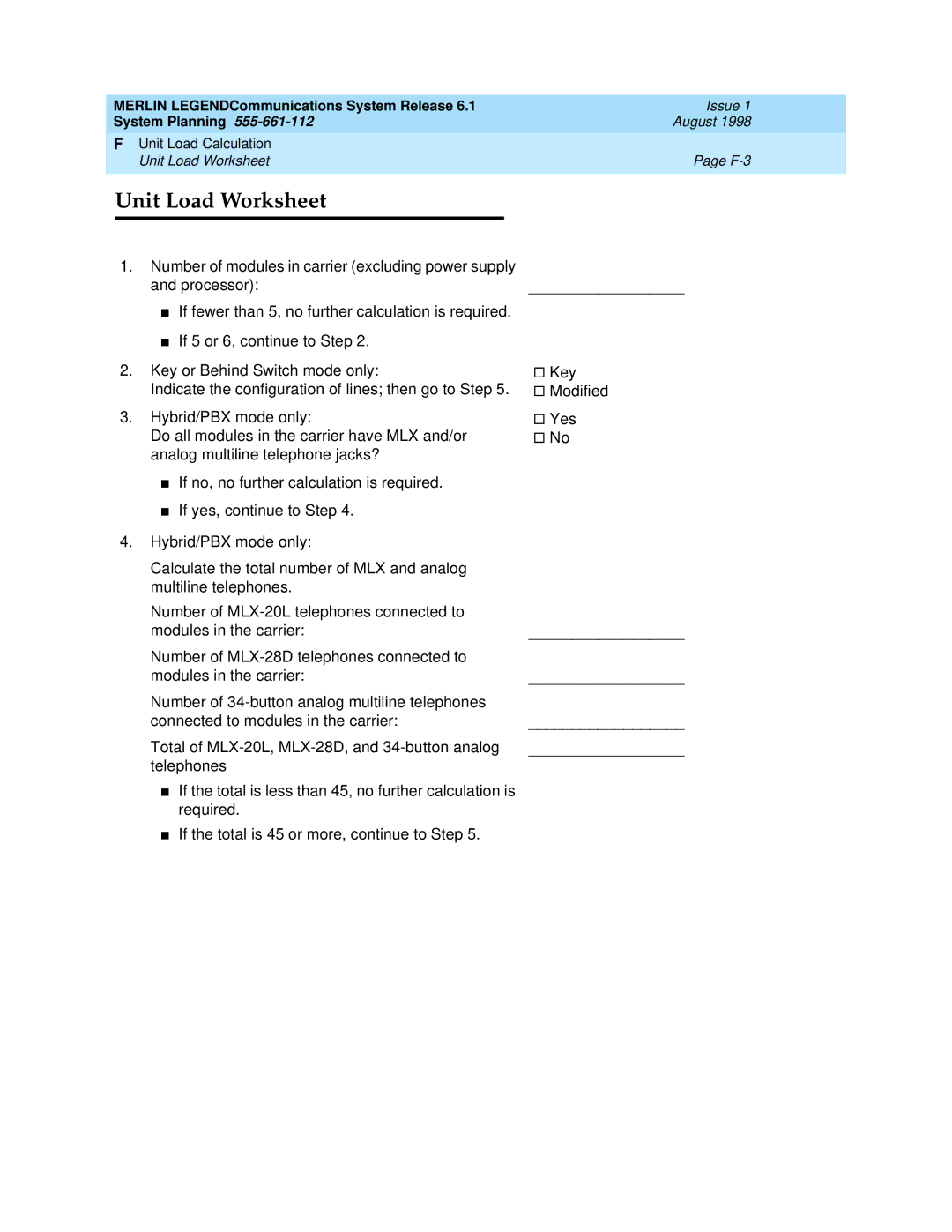 Lucent Technologies 6.1 manual Unit Load Worksheet 