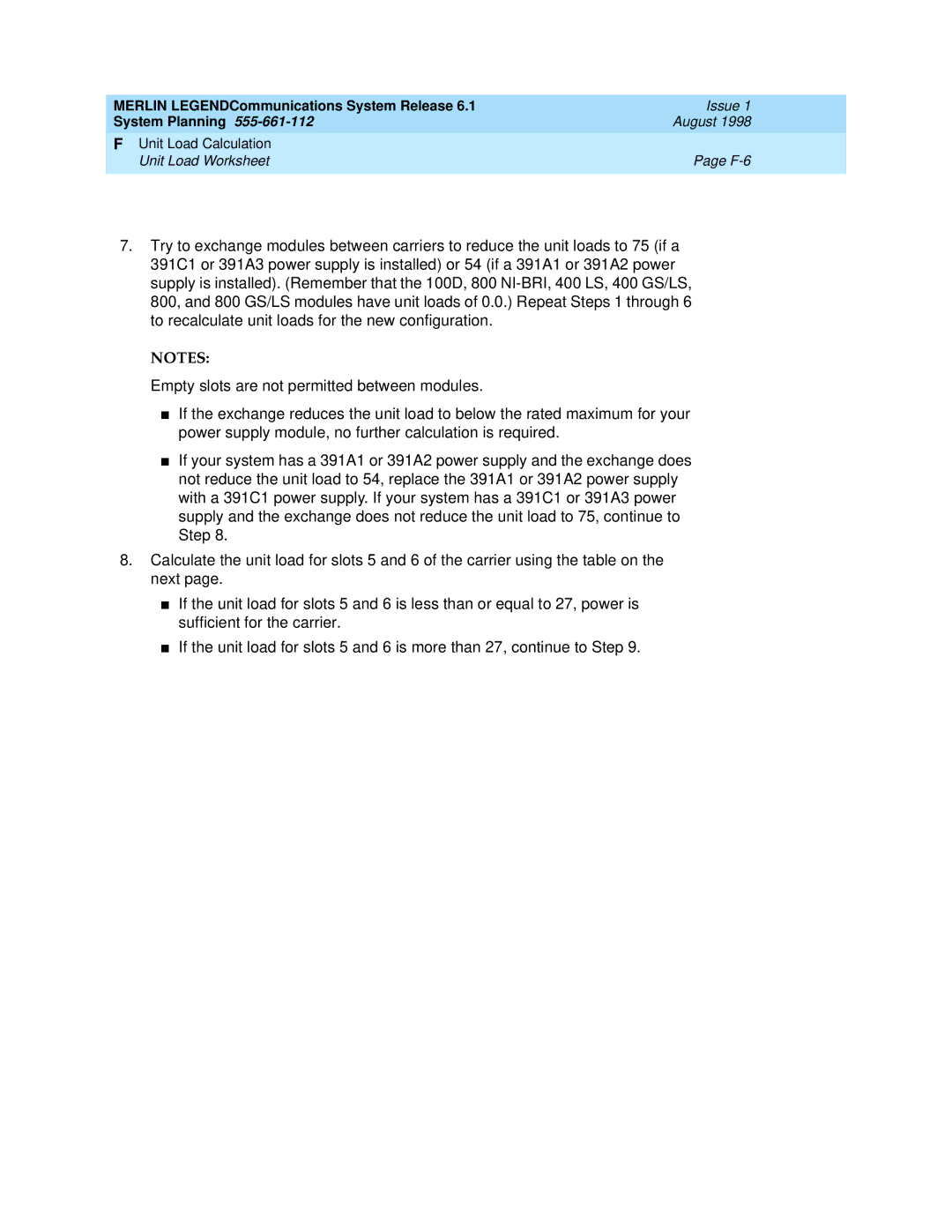 Lucent Technologies 6.1 manual Unit Load Worksheet F-6 