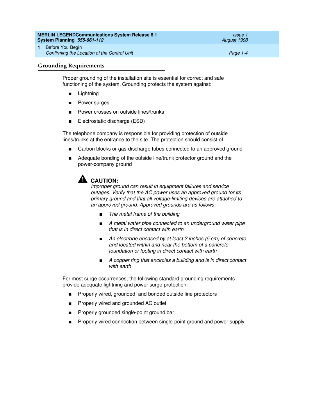 Lucent Technologies 6.1 manual Grounding Requirements 