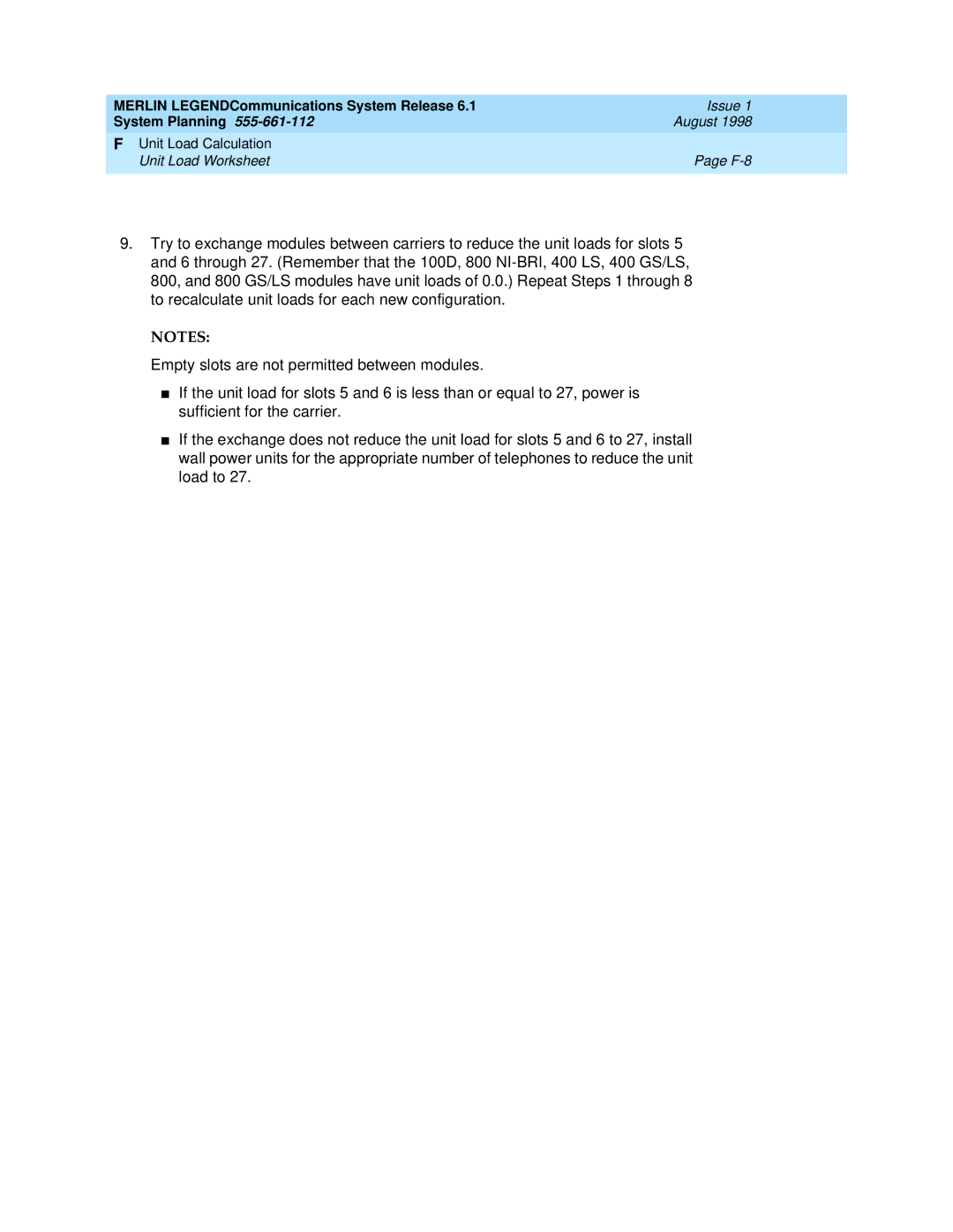 Lucent Technologies 6.1 manual Unit Load Worksheet F-8 