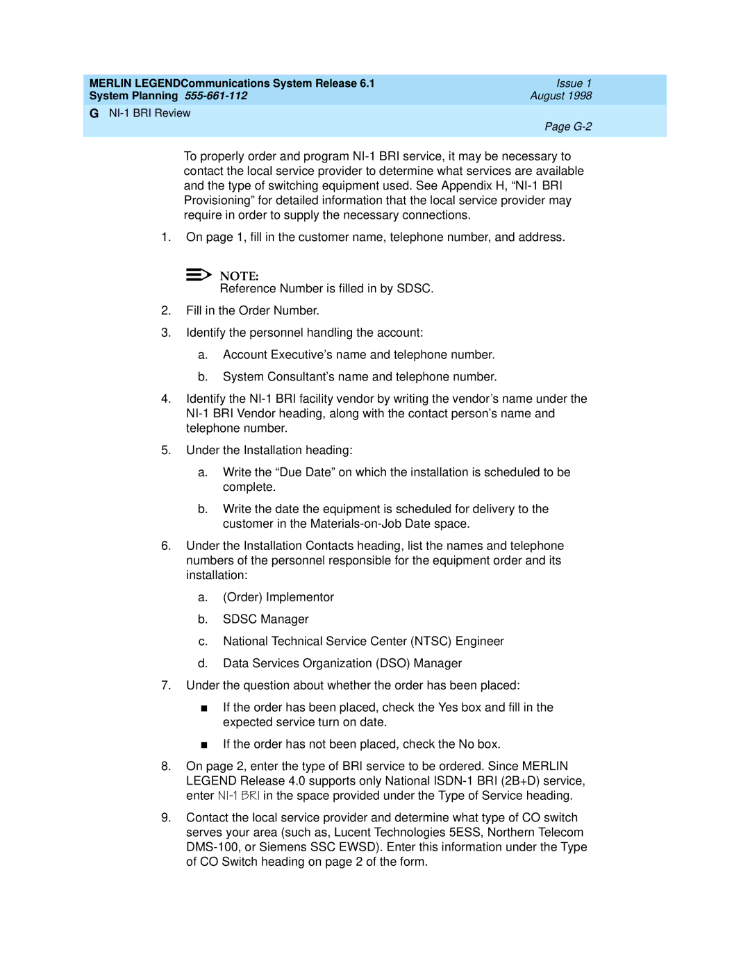 Lucent Technologies 6.1 manual NI-1 BRI Review G-2 