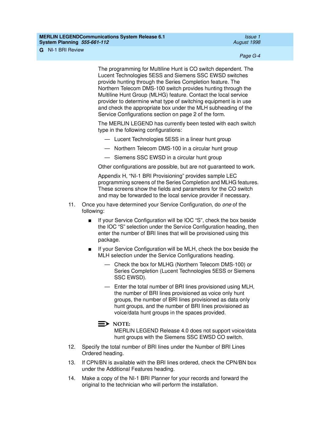 Lucent Technologies 6.1 manual NI-1 BRI Review G-4 