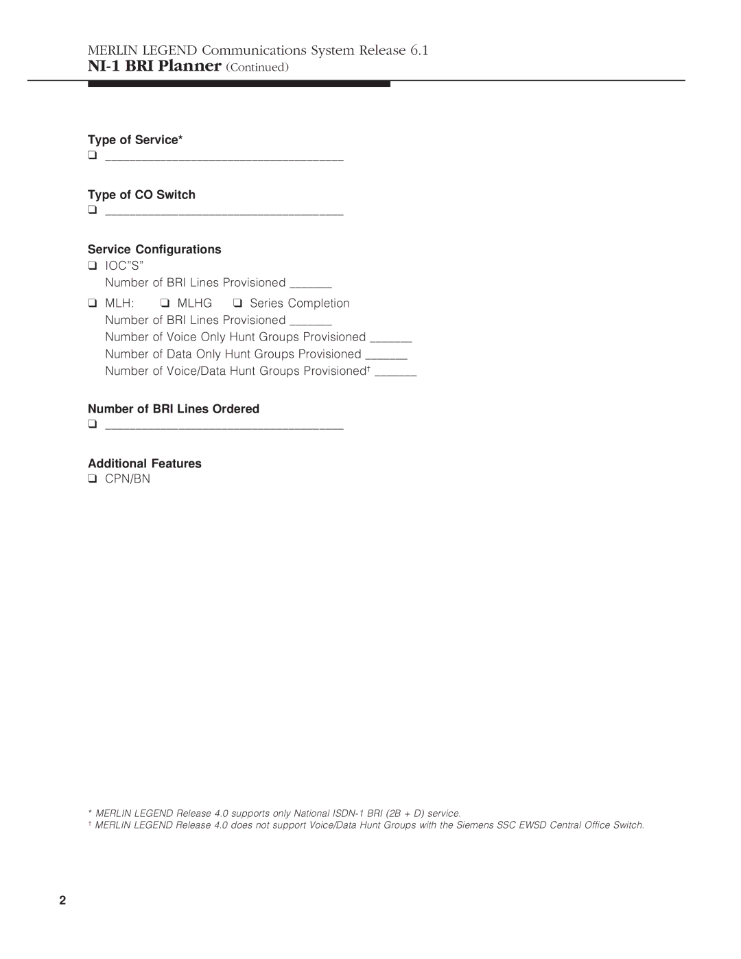 Lucent Technologies 6.1 manual Type of Service Type of CO Switch Service Configurations 