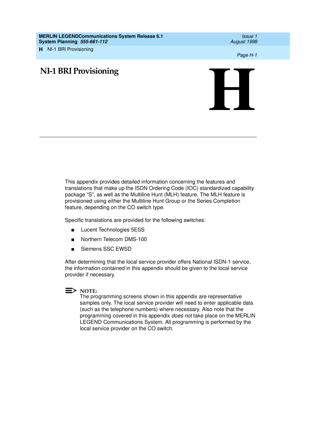 Lucent Technologies 6.1 manual NI-1 BRI Provisioning 