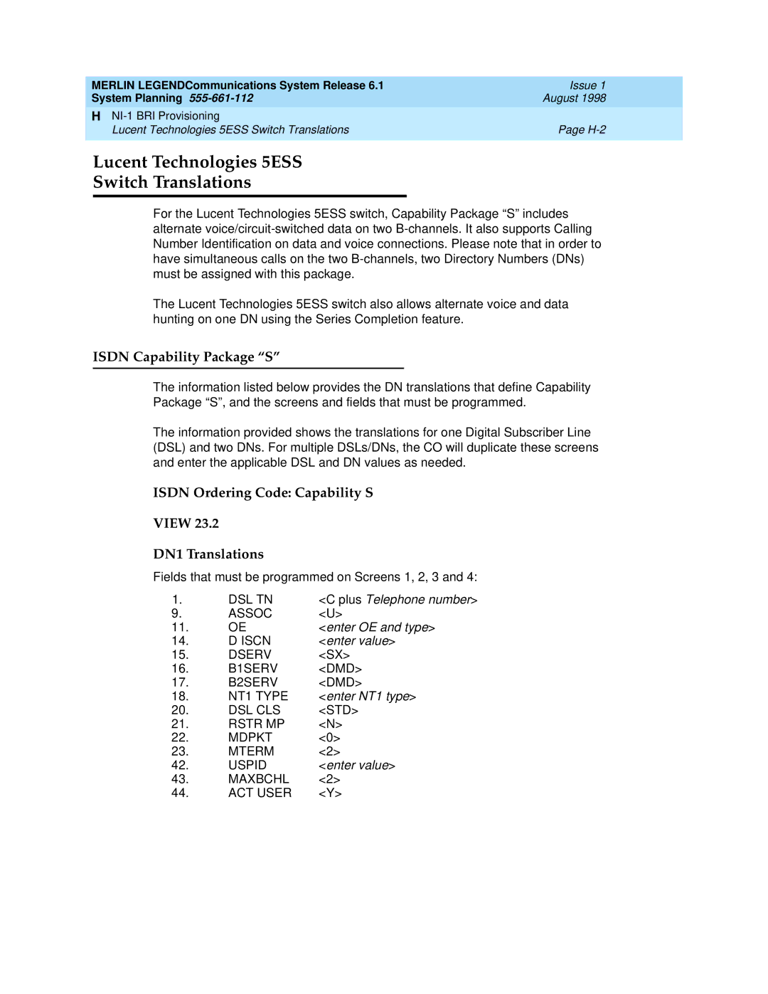 Lucent Technologies 6.1 manual Lucent Technologies 5ESS Switch Translations, Isdn Capability Package S 