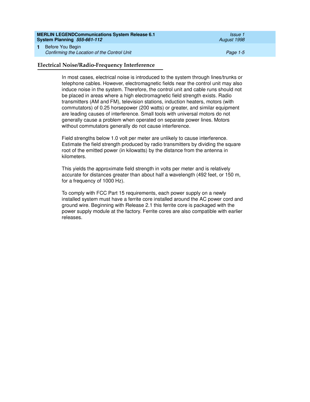 Lucent Technologies 6.1 manual Electrical Noise/Radio-Frequency Interference 