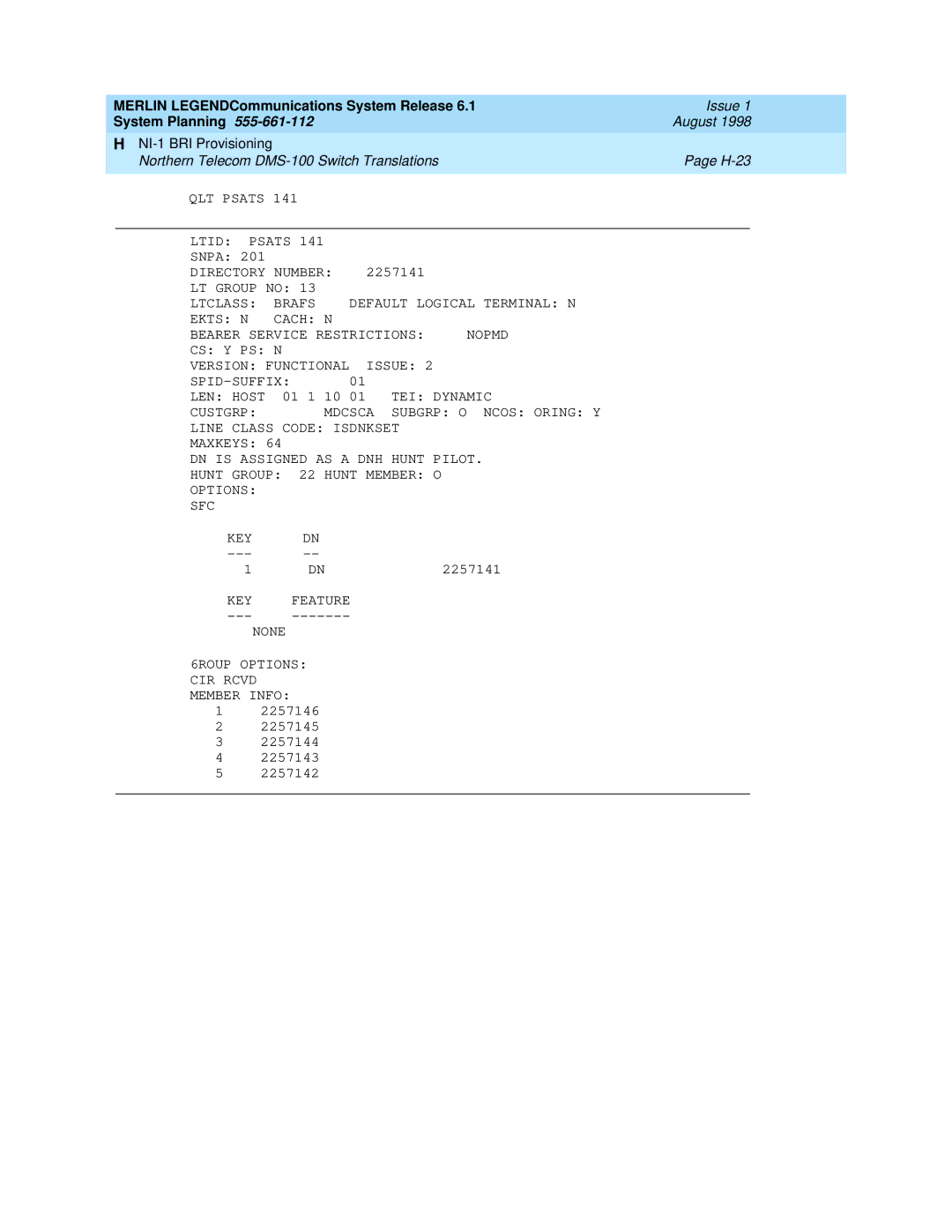 Lucent Technologies 6.1 manual Northern Telecom DMS-100 Switch Translations H-23 