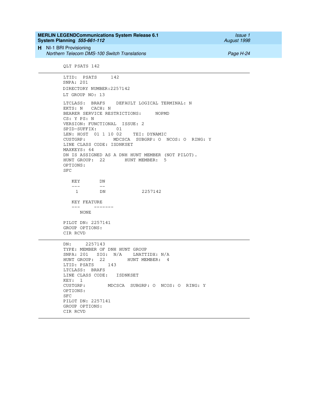 Lucent Technologies 6.1 manual Northern Telecom DMS-100 Switch Translations H-24 