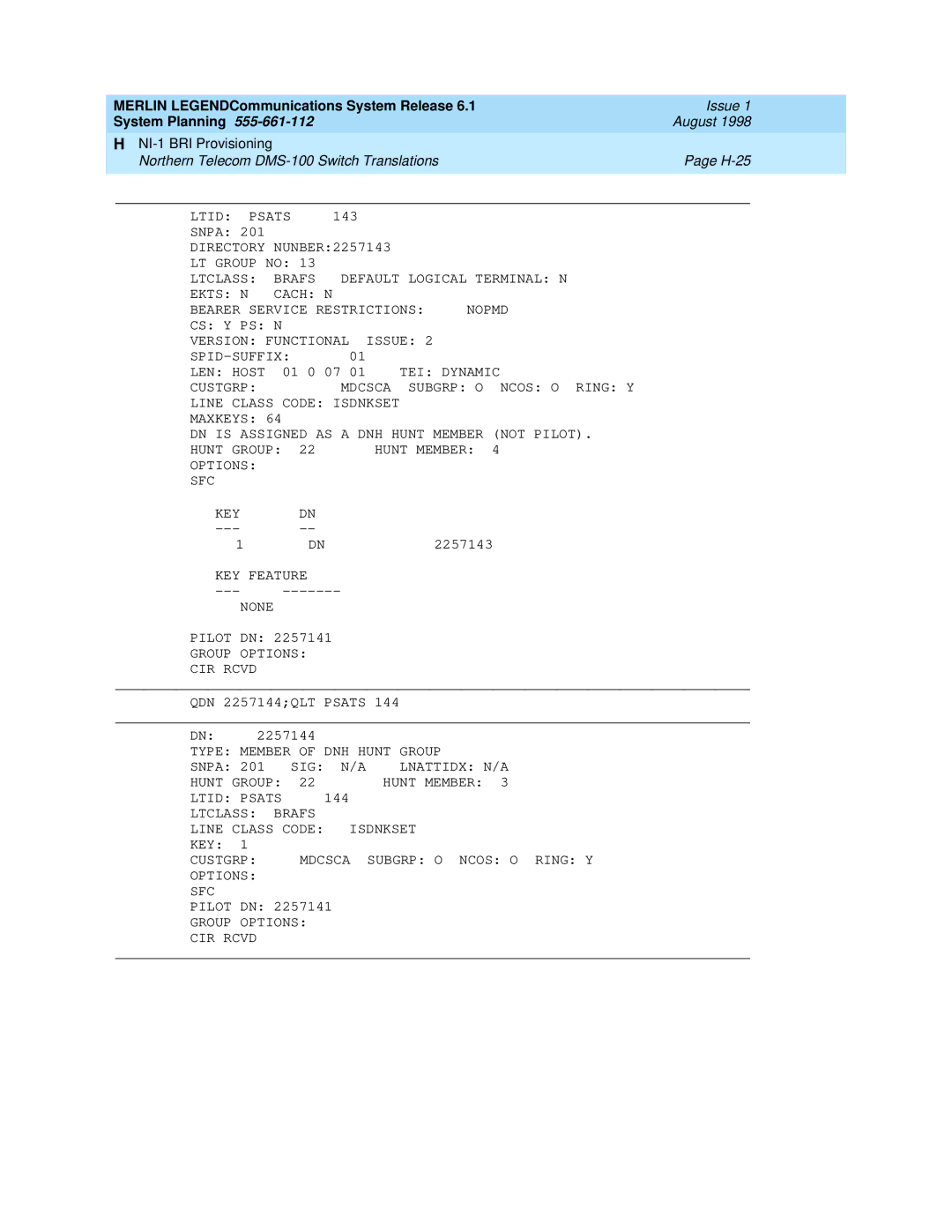 Lucent Technologies 6.1 manual Northern Telecom DMS-100 Switch Translations H-25 