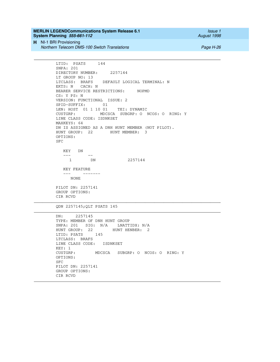 Lucent Technologies 6.1 manual Northern Telecom DMS-100 Switch Translations H-26 