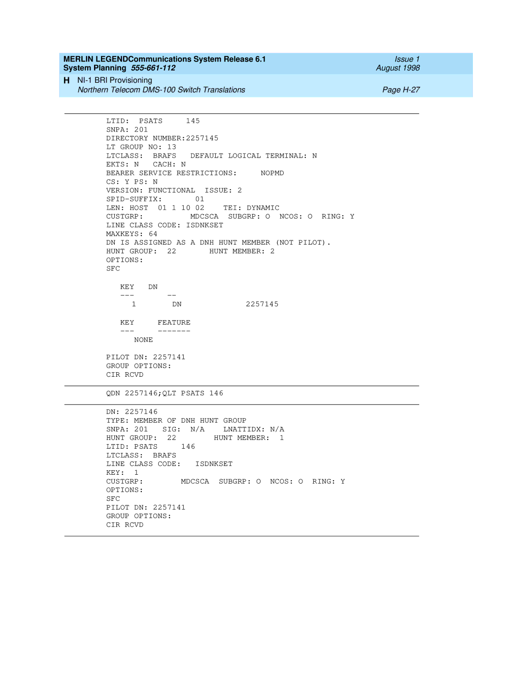 Lucent Technologies 6.1 manual Northern Telecom DMS-100 Switch Translations H-27 