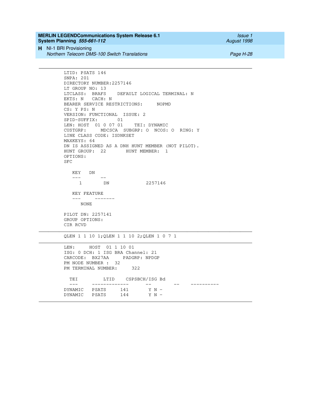 Lucent Technologies 6.1 manual Northern Telecom DMS-100 Switch Translations H-28 