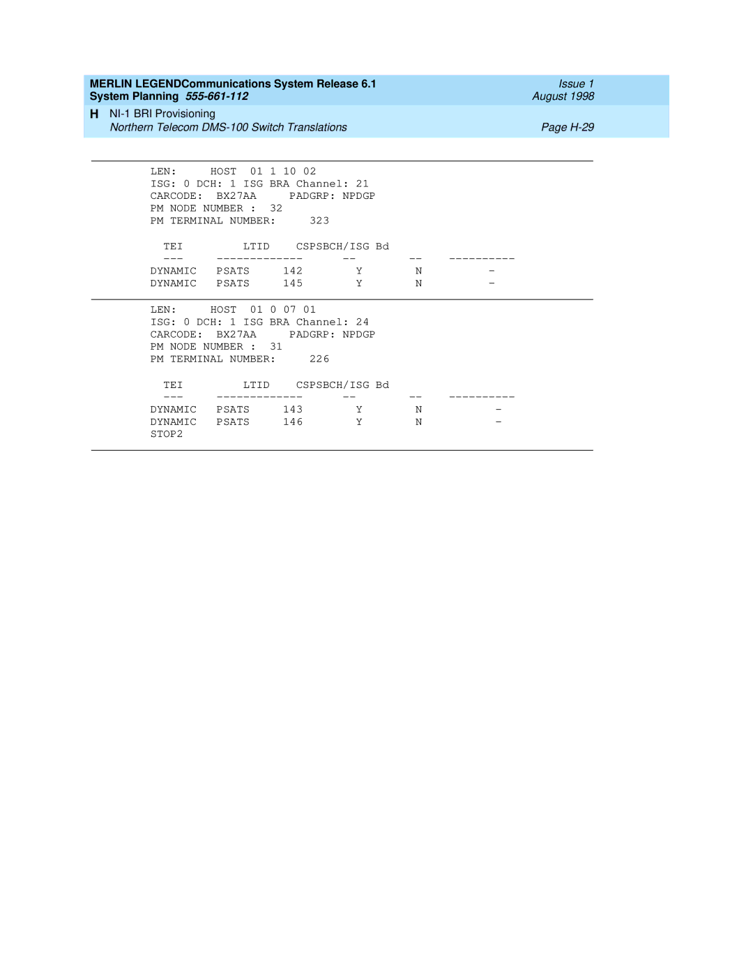 Lucent Technologies 6.1 manual Northern Telecom DMS-100 Switch Translations H-29 