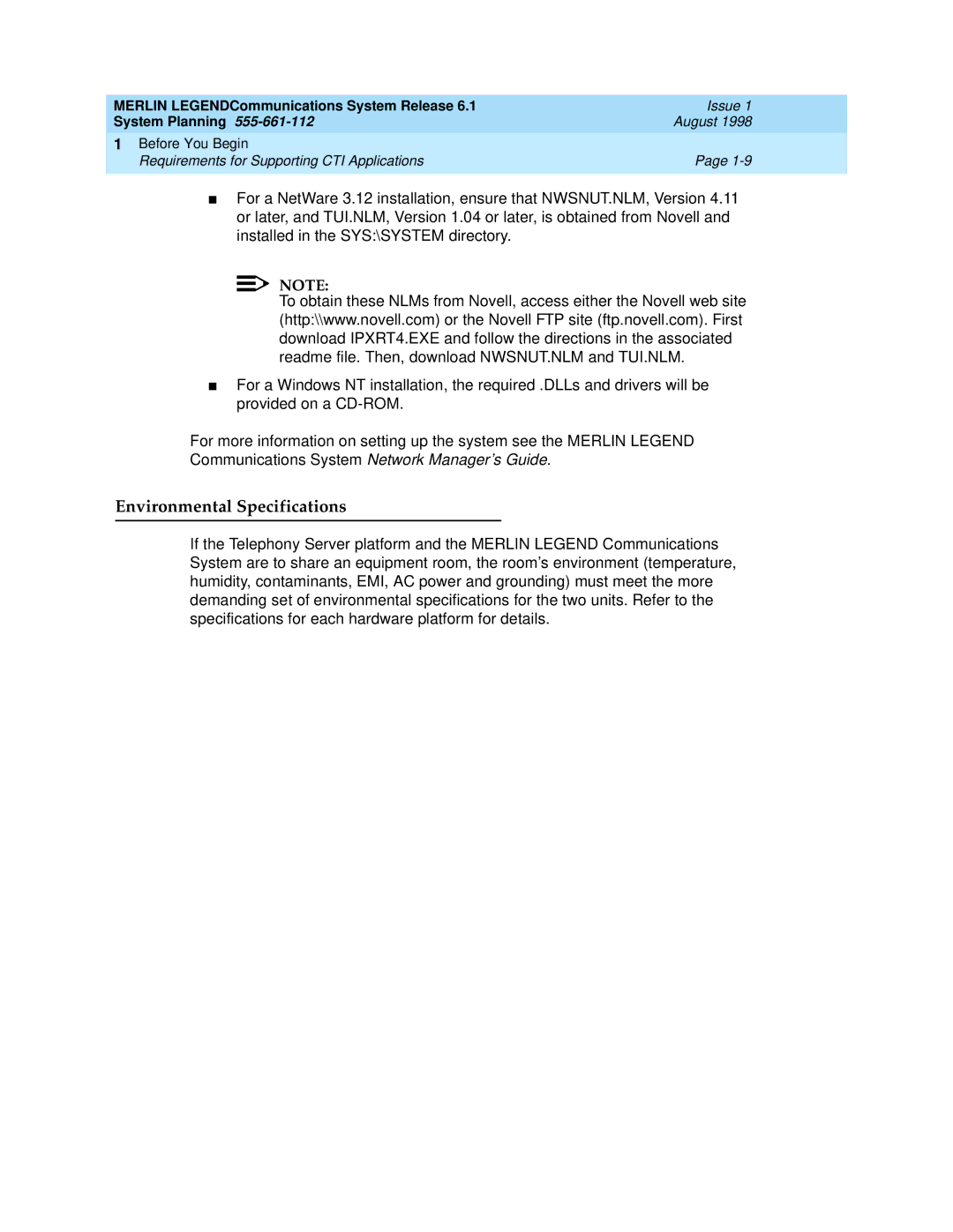 Lucent Technologies 6.1 manual Environmental Specifications 