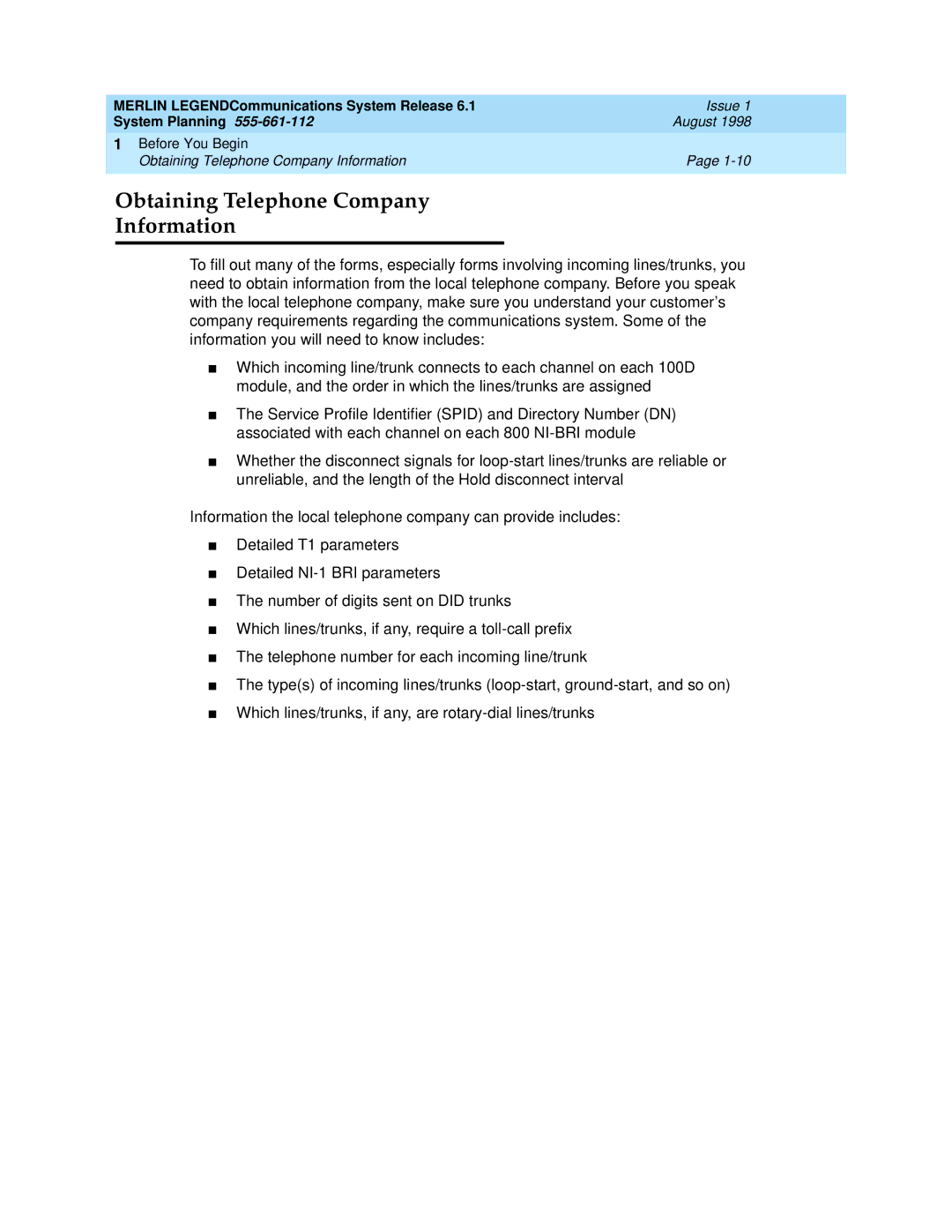 Lucent Technologies 6.1 manual Obtaining Telephone Company Information 