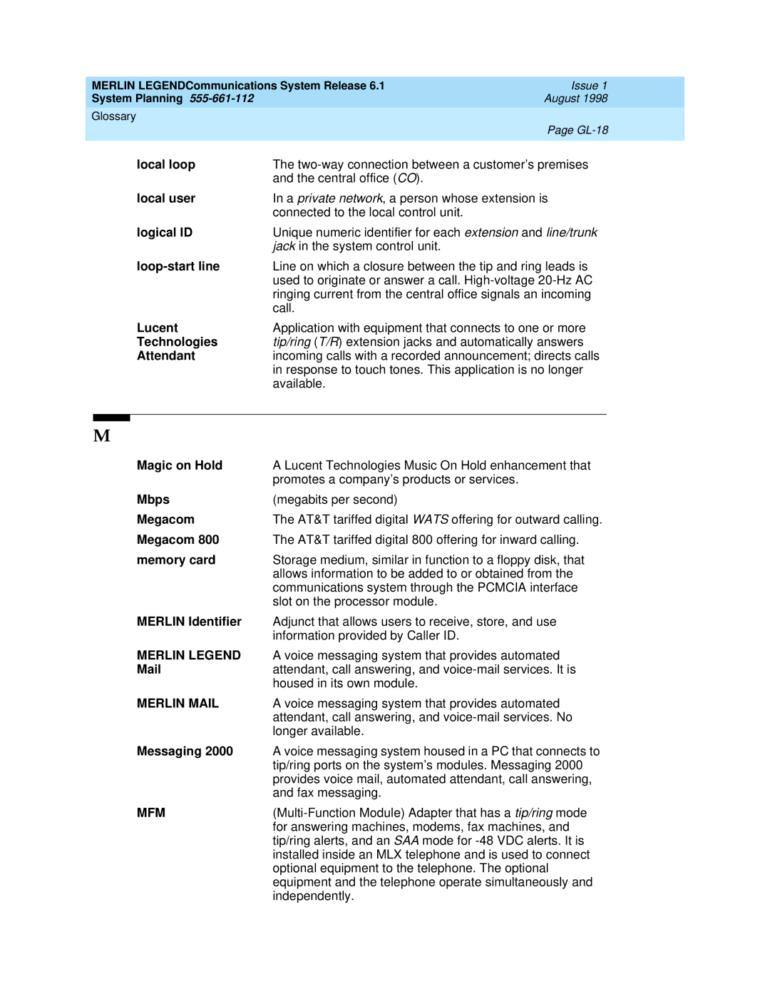 Lucent Technologies 6.1 manual Merlin Legend, Merlin Mail, Mfm 