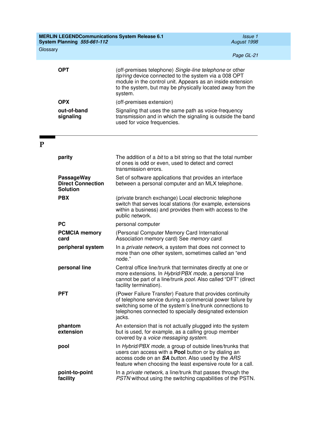 Lucent Technologies 6.1 manual Opt, Opx, Pbx, Pft 