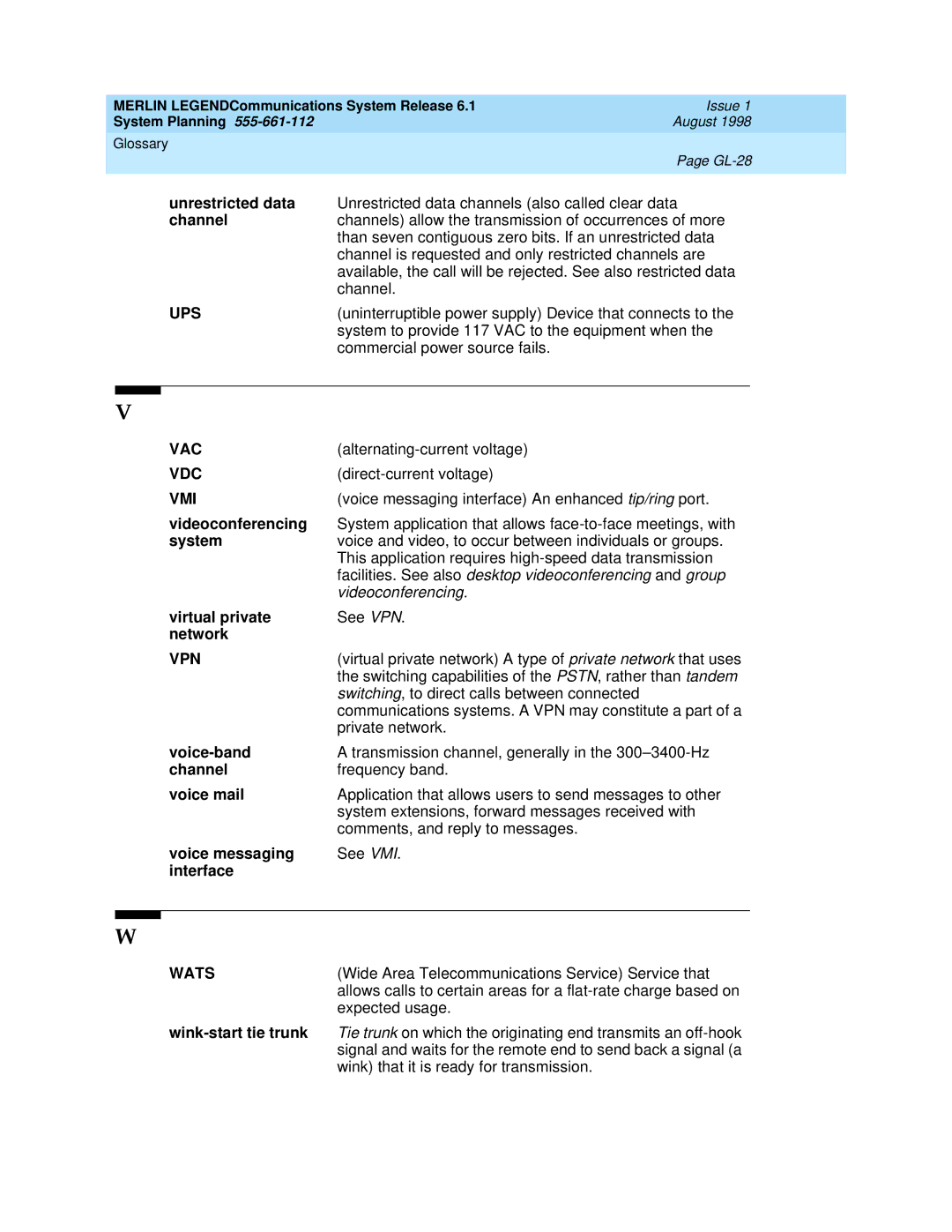 Lucent Technologies 6.1 manual Ups, Vac, Vdc, Vmi, Vpn, Wats 