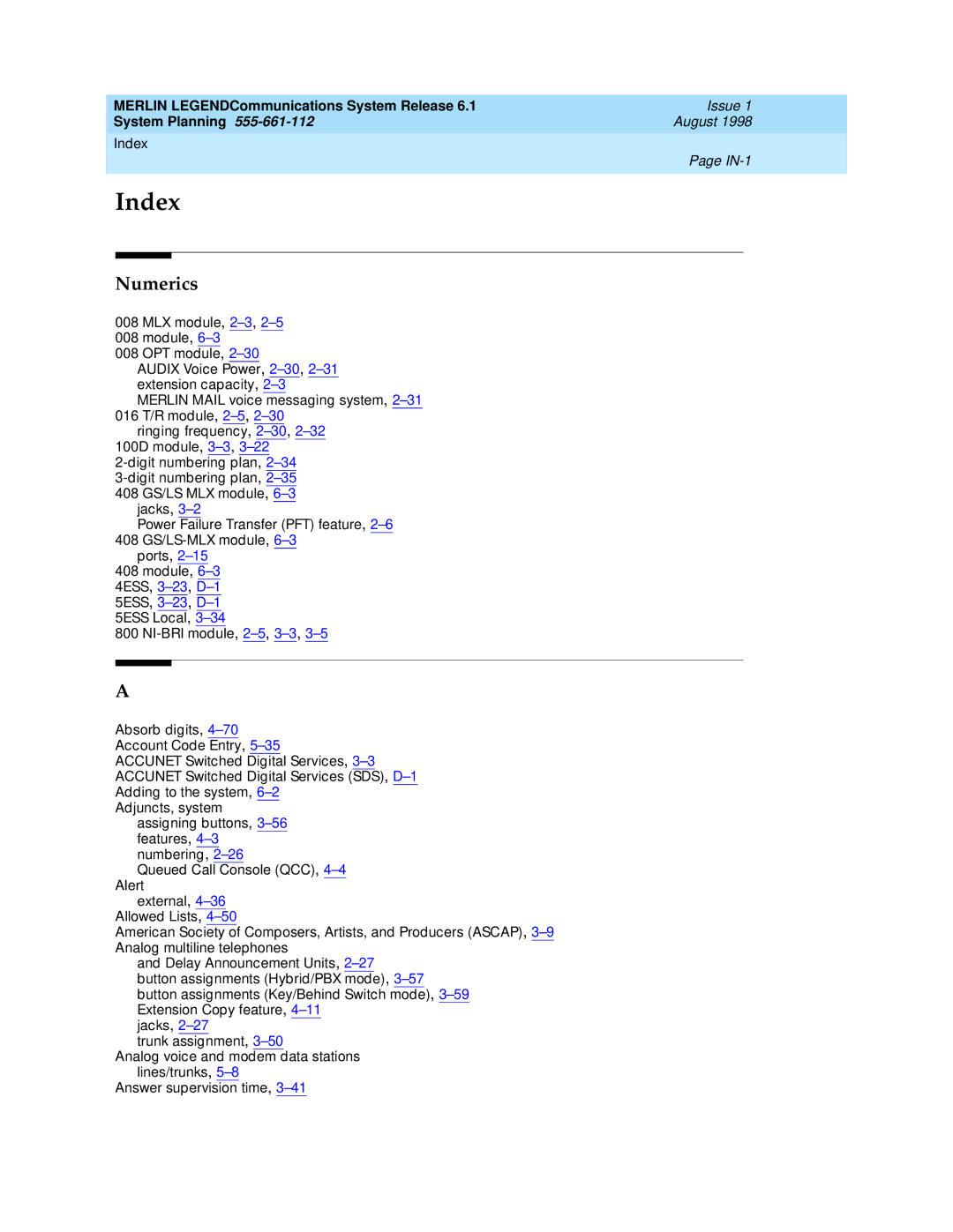 Lucent Technologies 6.1 manual Index 