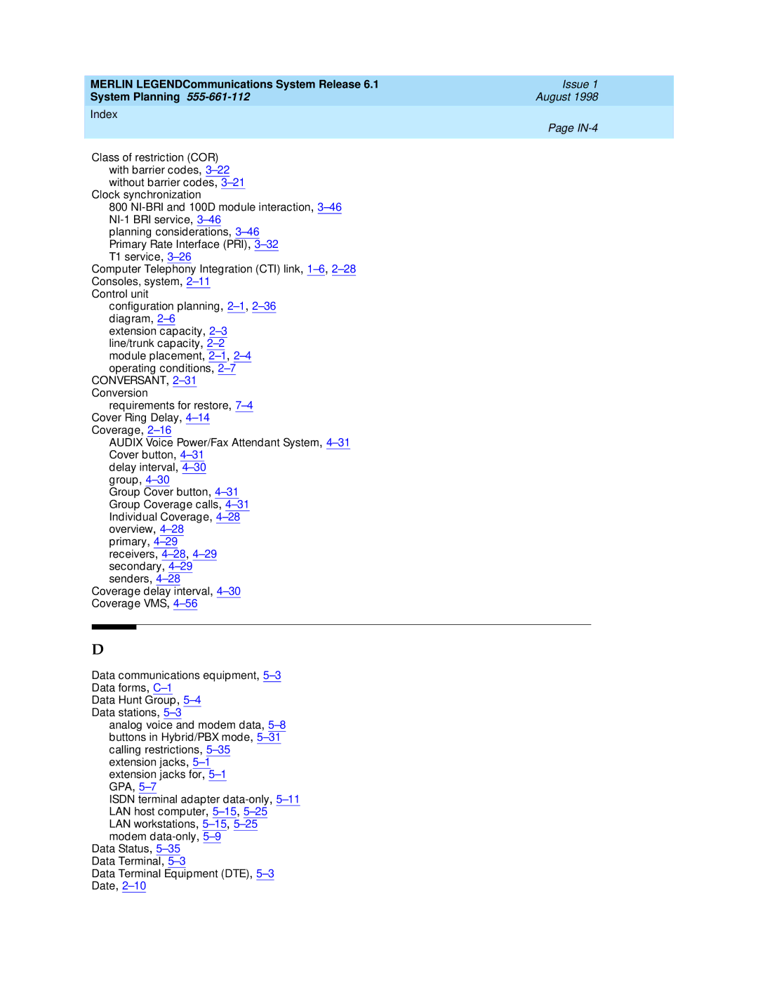 Lucent Technologies 6.1 manual Index IN-4 