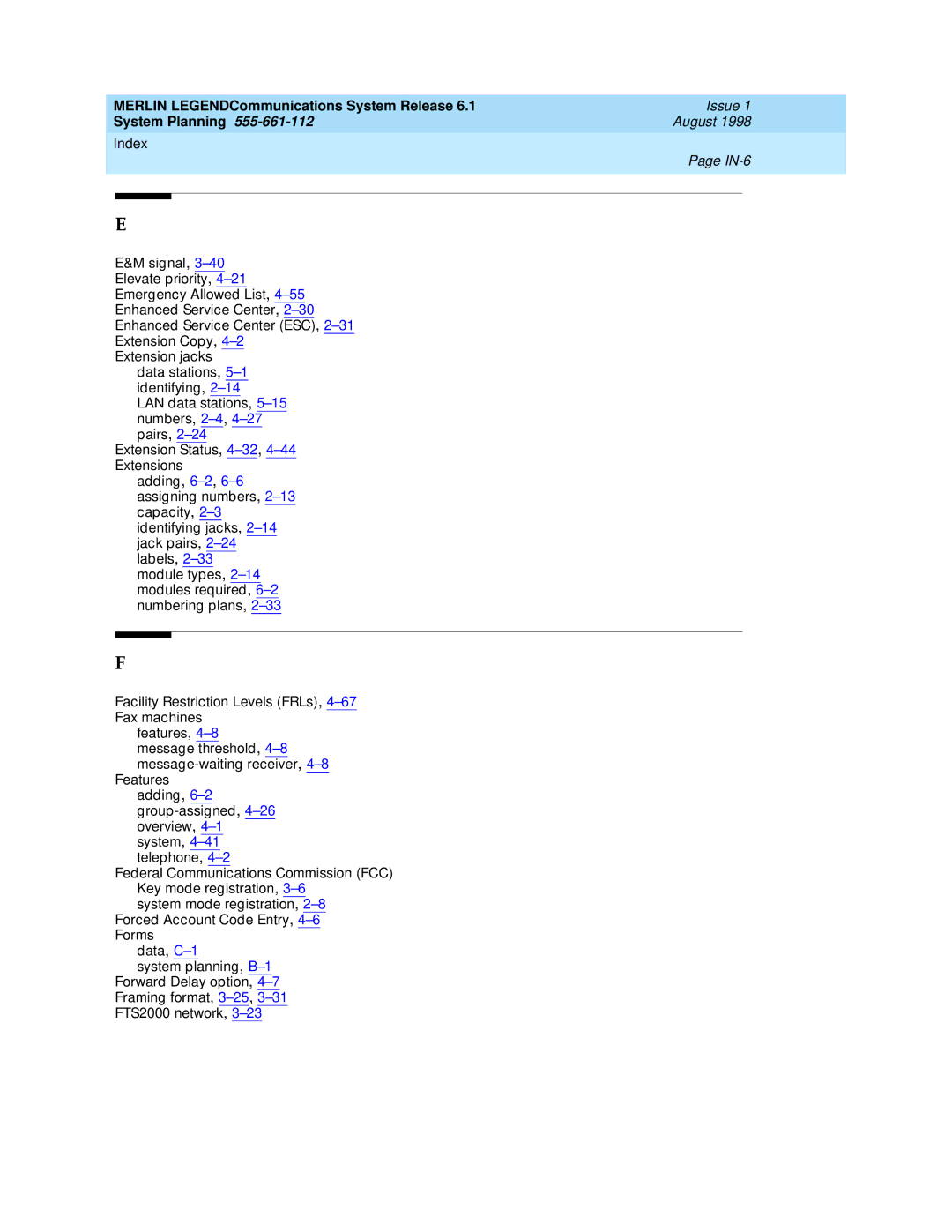 Lucent Technologies 6.1 manual Index IN-6 