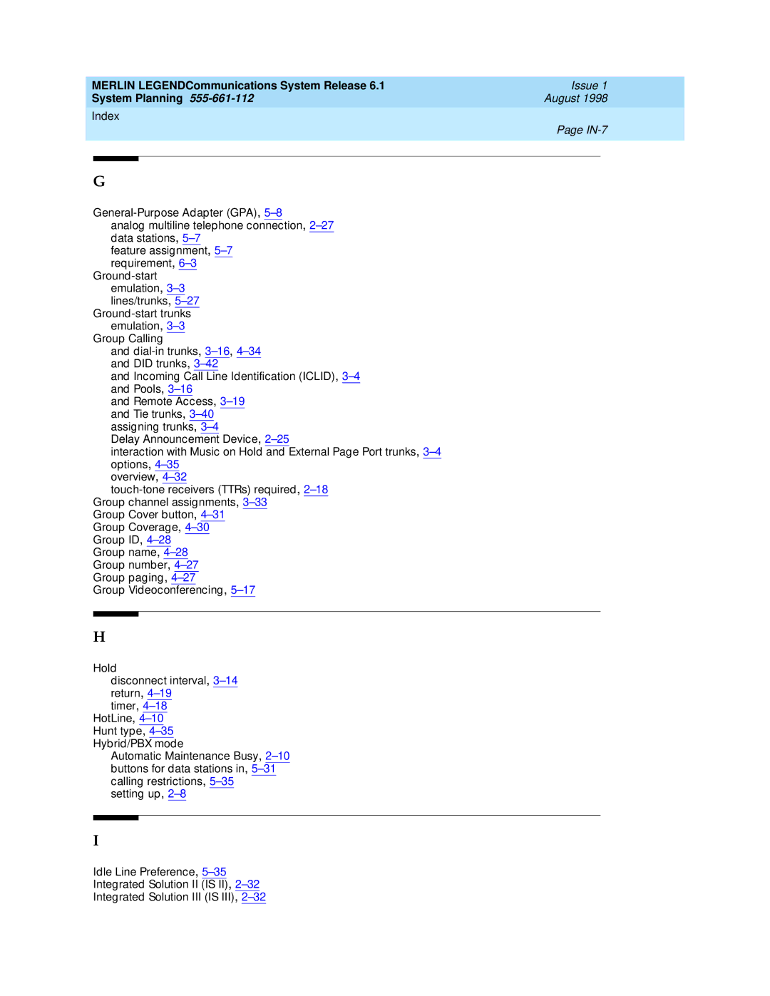 Lucent Technologies 6.1 manual Index IN-7 