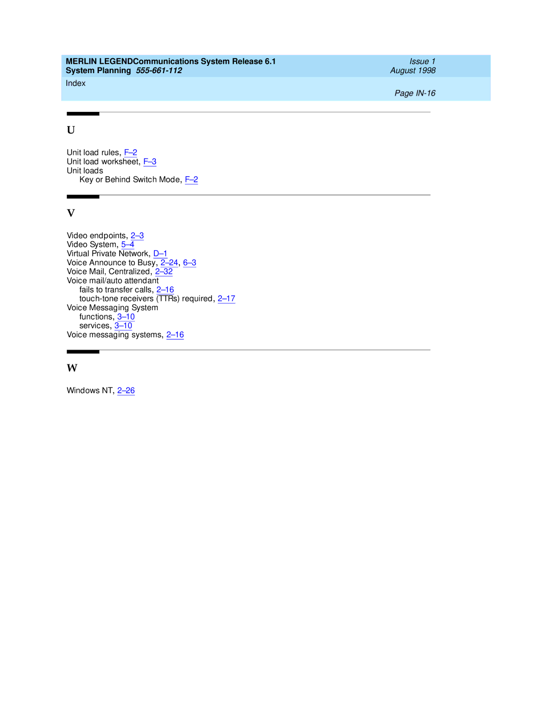 Lucent Technologies 6.1 manual Index IN-16 