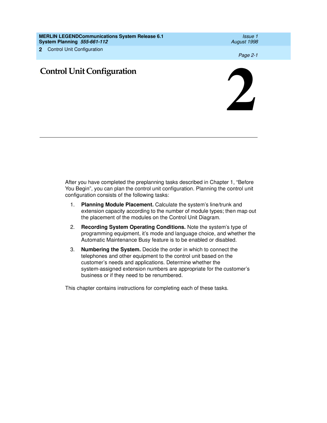 Lucent Technologies 6.1 manual Control Unit Configuration 