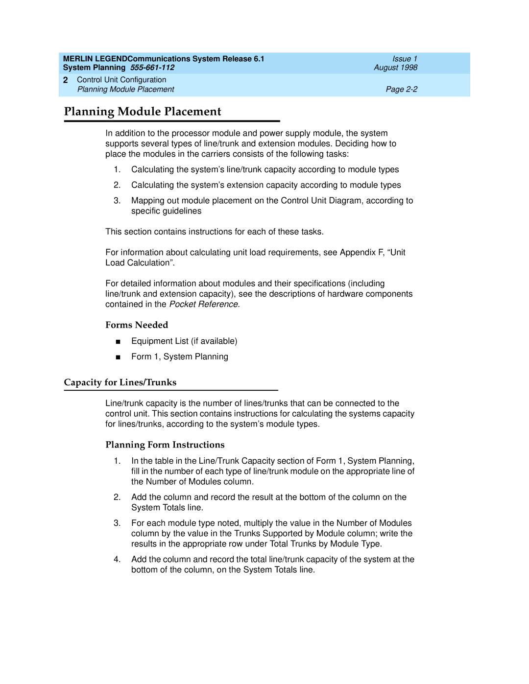 Lucent Technologies 6.1 Planning Module Placement, Forms Needed, Capacity for Lines/Trunks, Planning Form Instructions 