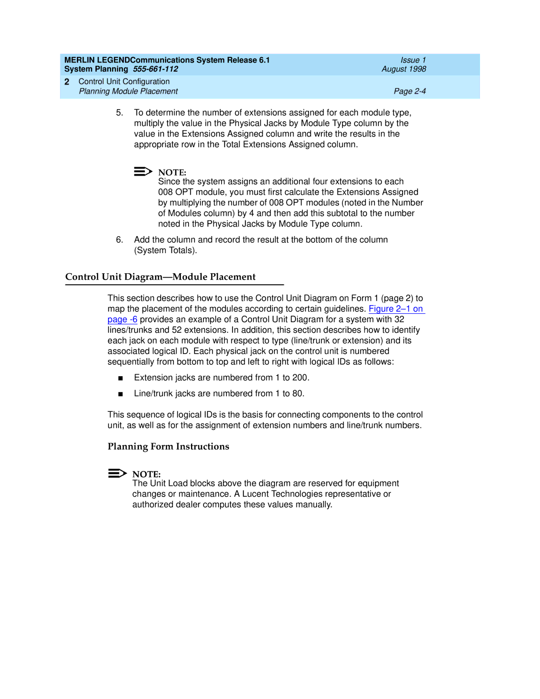 Lucent Technologies 6.1 manual Control Unit Diagram-Module Placement 