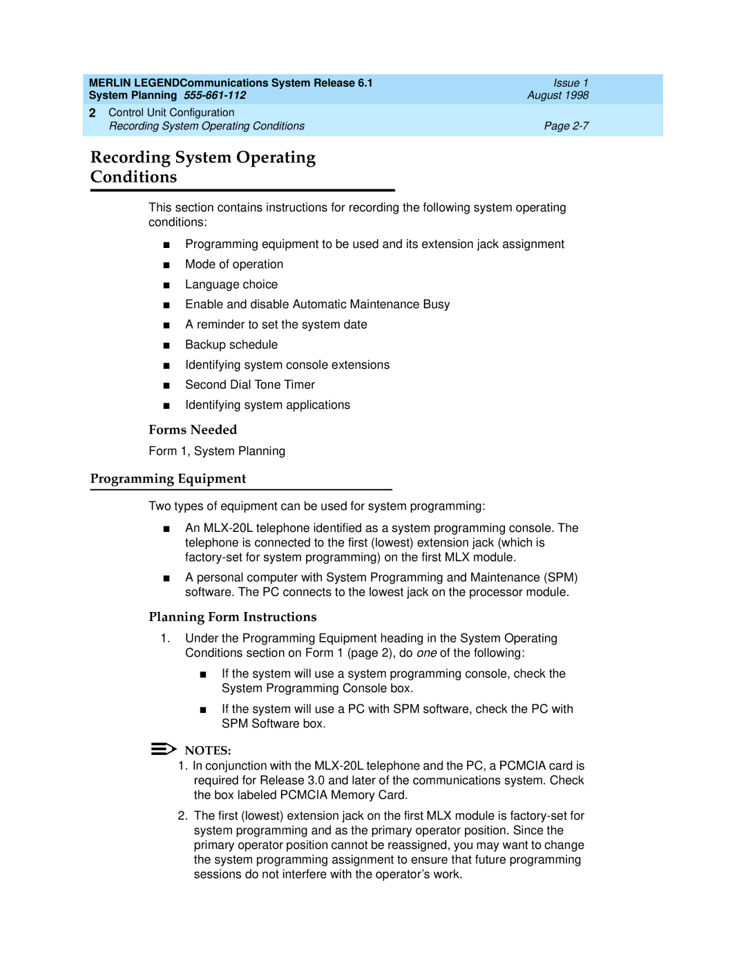 Lucent Technologies 6.1 manual Recording System Operating Conditions, Programming Equipment 